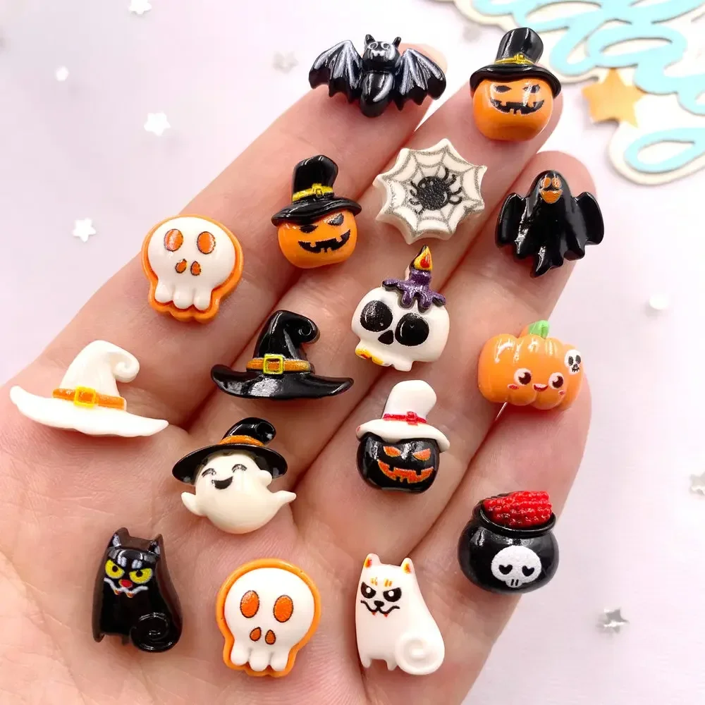 30pcs Resin Mini Colorful Painted Bat Pumpkin Skull Ghost Cat Figurines Flat back Scrapbook DIY Halloween Decor  Nail Art Crafts