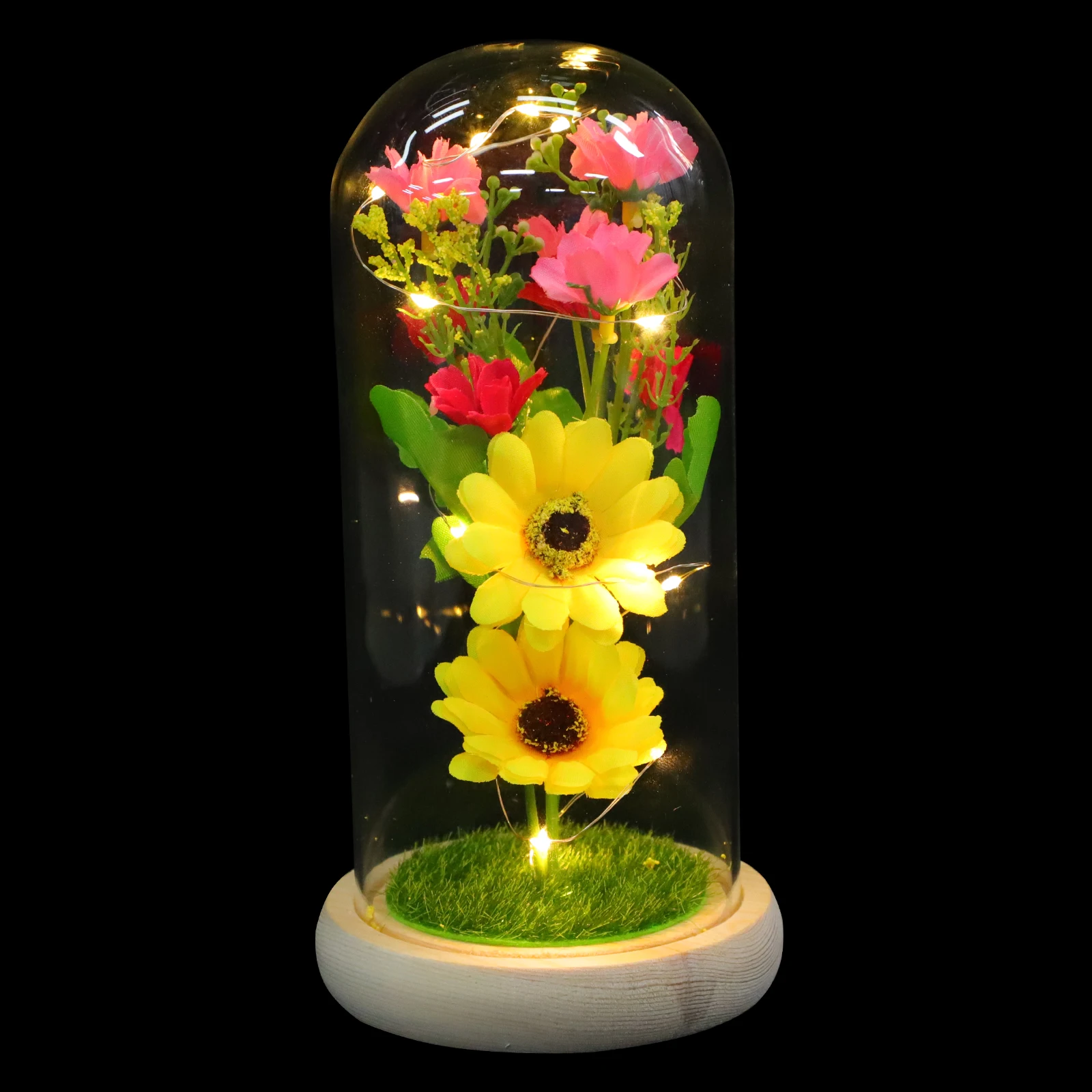 

Sunflower LED Night Light Fake Flower Decor Glowing Sunflowers Artificial Desktop Realistic Yellow Wood Glass Cover Romantic