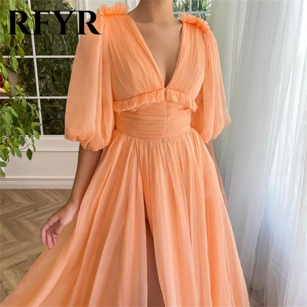 RFYR Orange Chiffion Prom Dress V Neck Celebrity Dresses Women's Evening Dress Puffy Sleeves Formal Gowns 프롬 드레스 Customized