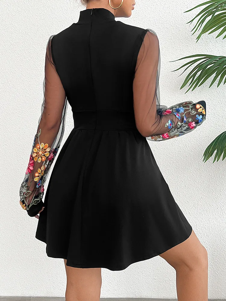 New Fashion Casual Women\'s Dress With Solid Black Color  Embroidery Patchwork Receiving Waist Half High Neck Dress