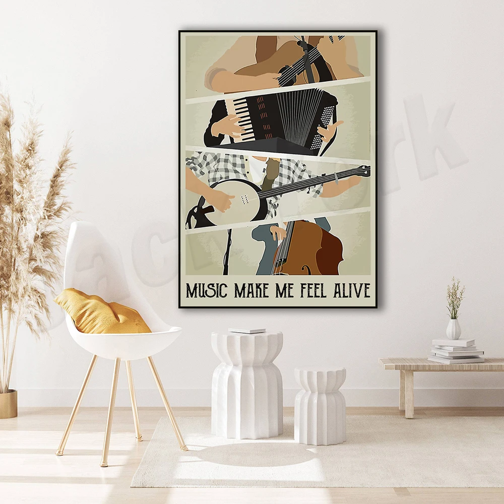 Music makes me feel alive poster, love listening to music vintage poster, gift for music lovers, musical instrument poster