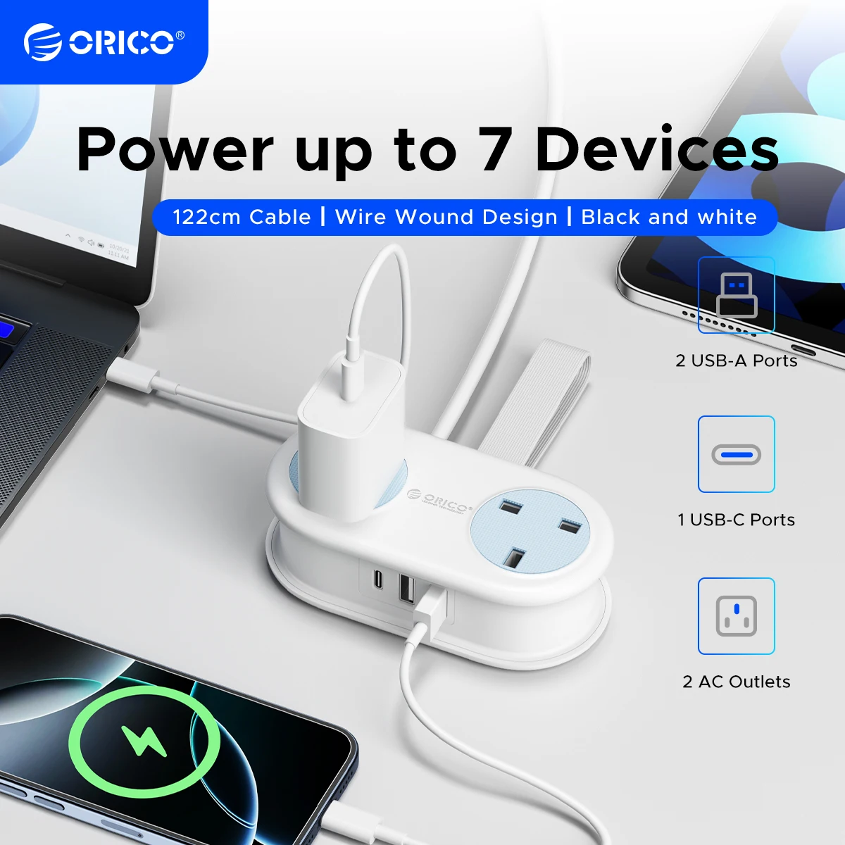 

ORICO Portable Plug Travel Power Strip with 1.2M Extension Cord 2 AC 2 USB and 1Type-C Charging ports Multi-Safety Protection