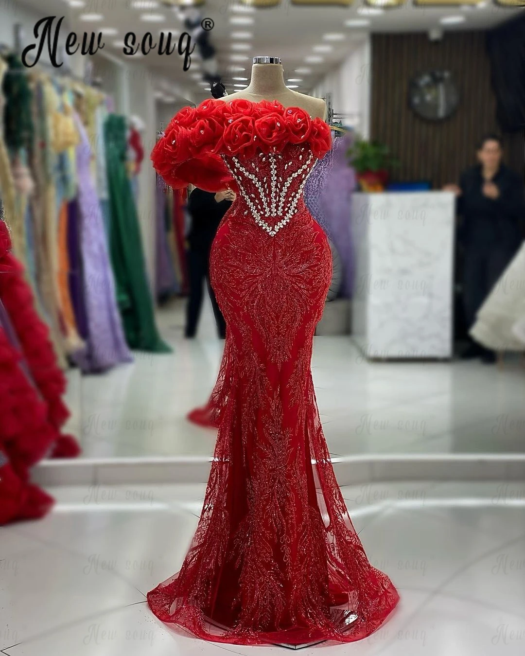 Red Flower Party Dress Gorgeous Crystals Trumpet Evening Dress Pink Elegant Formal Gowns For 2024 Wedding Custom Made Beading