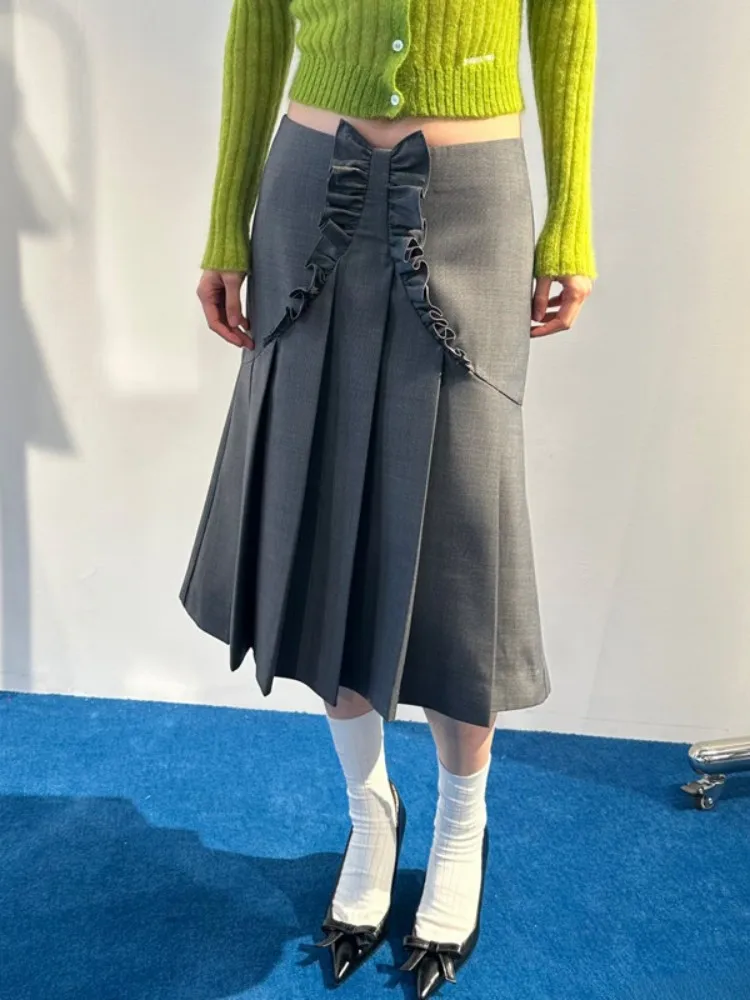 Autumn Winter Office Ladies Spliced Ruffles A-Line Skirts Elegant Mid-length Skirts Slim Fit Mid Waist Womens Pleated Skirt