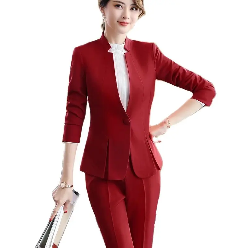 Fashion Red Formal Professional Business Suits Blazers Jackets And Pants Ladies Office Work Pants Suits Female Blazer Sets