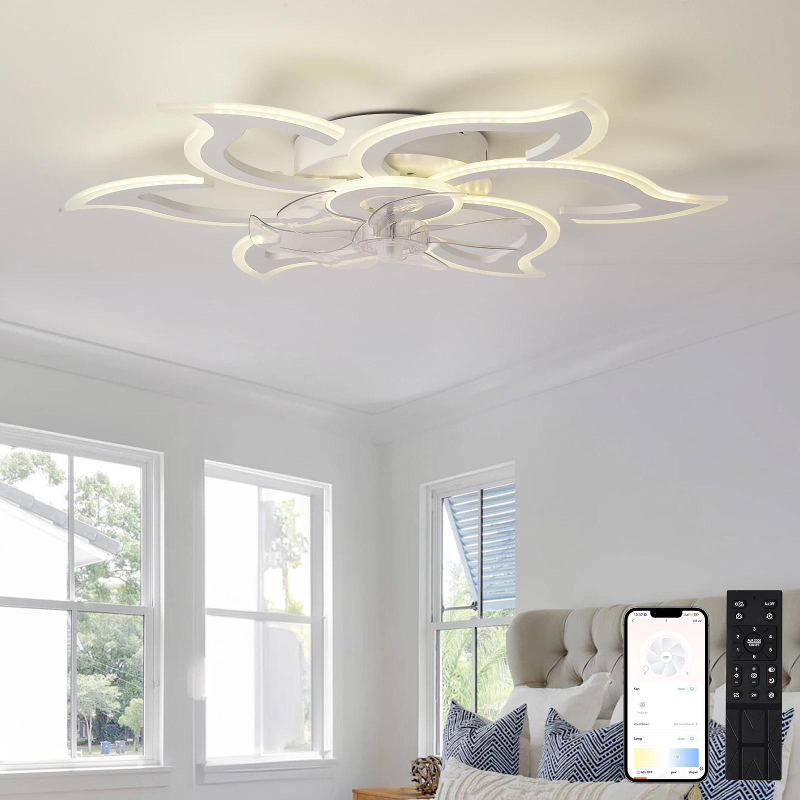 Ceiling Fans with Lights and Remote, Modern Low Profile Flush Mount Ceiling Fan, Dimmable LED Ceiling Light Fixture