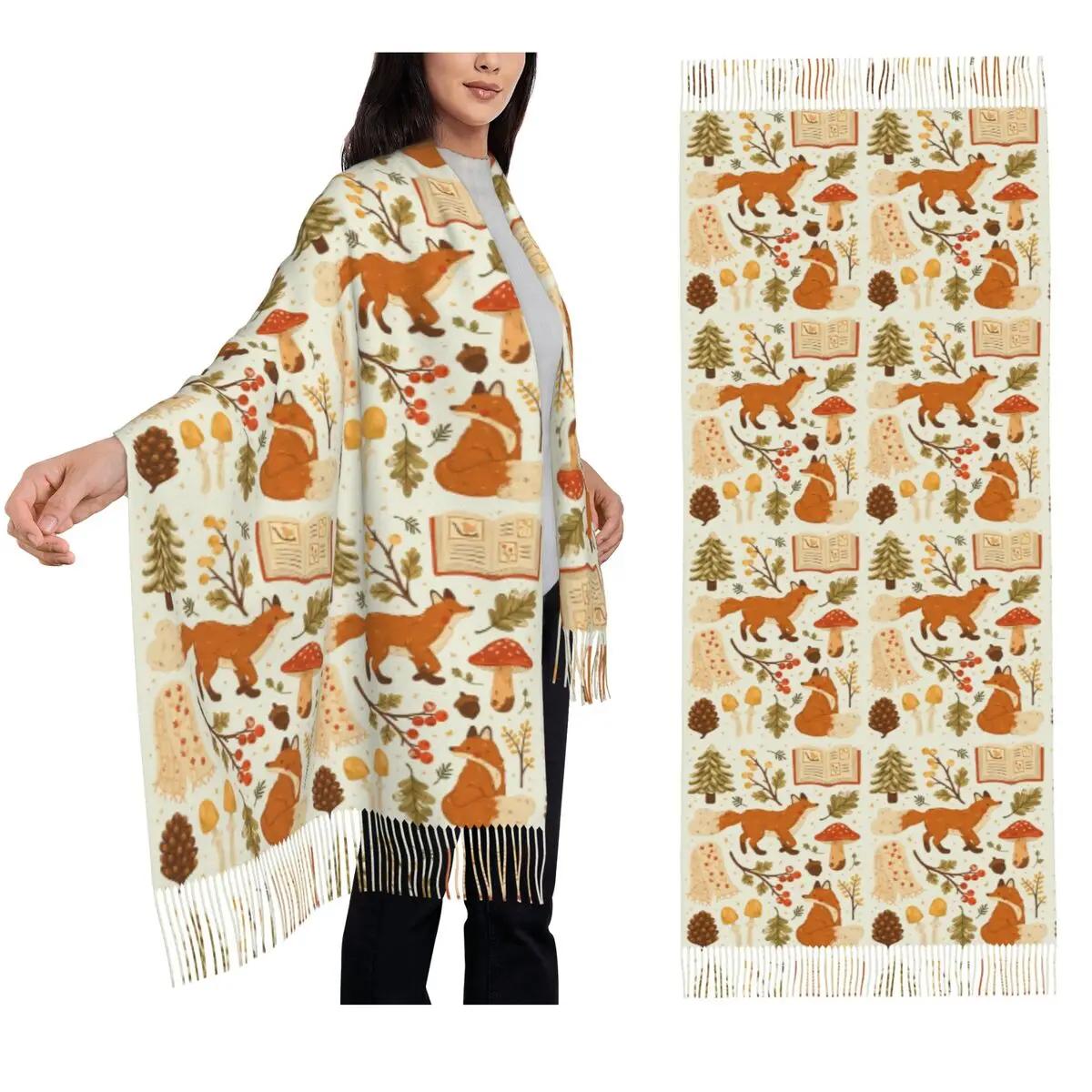 Cozy Winter Woodland Mushroom Scarf Tassel Scarves for Women Soft Warm Shawls and Wraps Long Fall Winter Shawl Wrap
