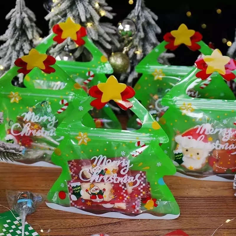 

25pcs Christmas Tree Shape Candy Biscuit Crispy Toffee Snow Crispy Packaging Self Standing Zipper Party Gift Bags