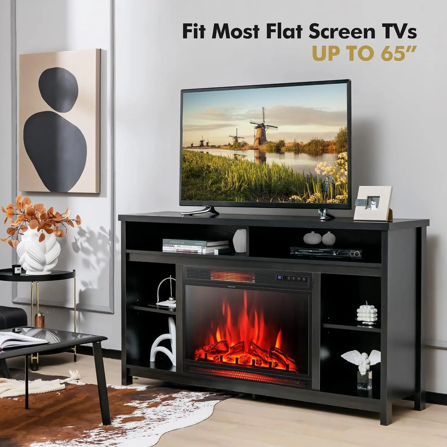 58 Inch Fireplace TV Stand For TVs Up To 65 Inch, Modern Entertainment Center W/ 28 Inch Electric Fireplace,, Customized