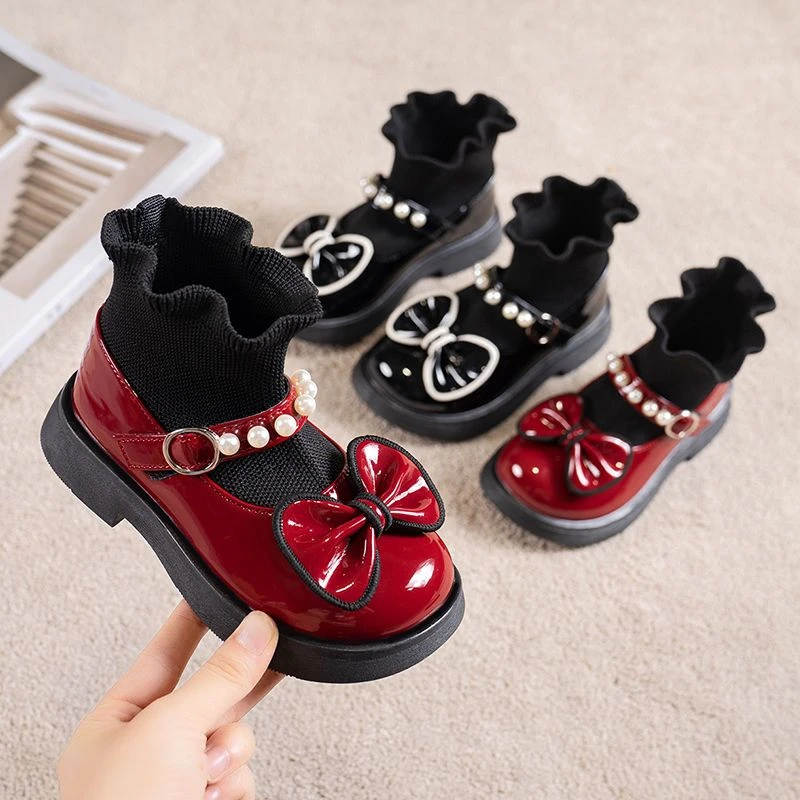 

Girls' Leather Shoes 2025 Winter New Round Bowknot Pearl Kid's Princess Shoes Elegant Non-slip Children's Shoes 23-35