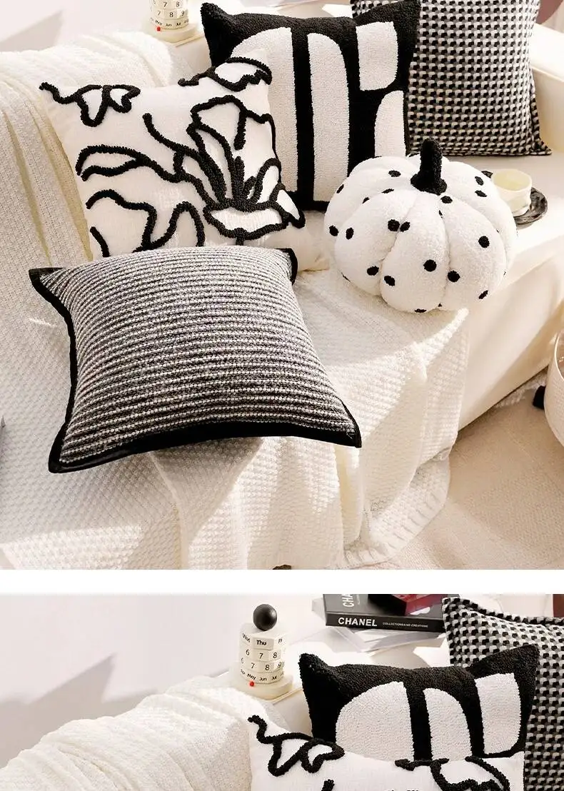 Luxuriöser französischer Stil Schwarz-Weiß Dekokissenbezug Chenille Boho Weiche Moderne Kissenhüllen für Sofa- und Bettdekoration – Detail 6