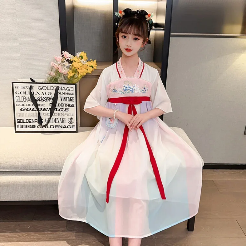 Hanfu Girl Spring/summer New Thin Style Chinese Ru Dress Ancient Costume Super Immortal Little Children's Tang Half Sleeve Chiff