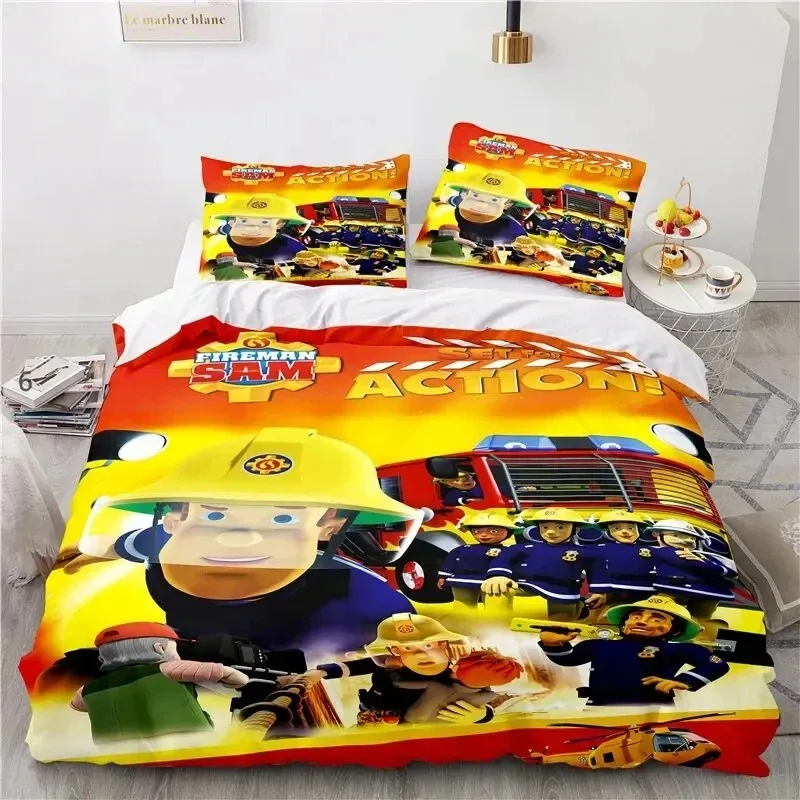 Juego de cama de juguetes Sam de bombero de dibujos animados, funda nórdica, funda de edredón, funda de almohada, edredón king Queen Size, juego de cama para niños y adultos