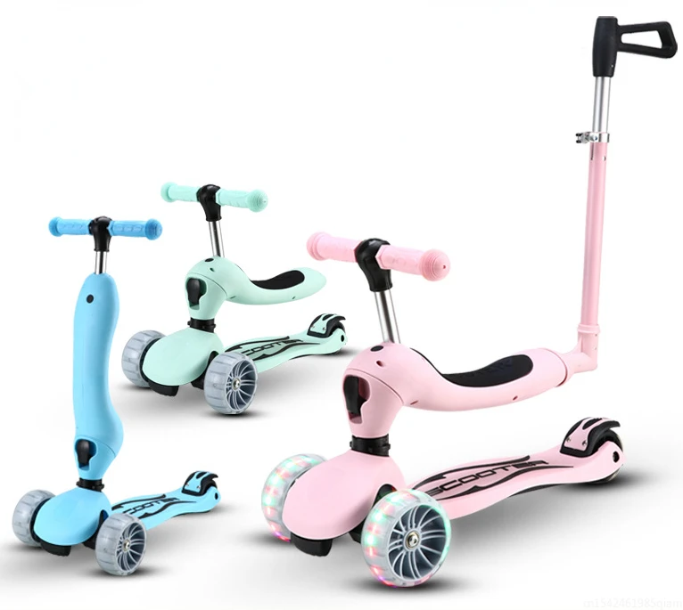 3 In 1 Children\'s scooter Scooter with Flash Wheels Kick Scooter for 2-12 Year Kids Adjustable Height Foldable Children Scooter