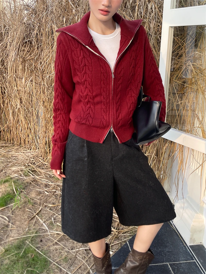 المرأة الياقة تويست متماسكة سترة قصيرة عارضة زيبر تصميم تحسس محبوك أعلى سترة صوفية عصرية #5