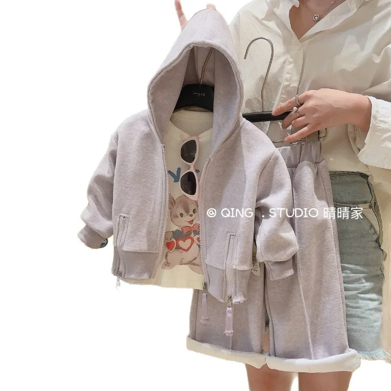 Herbst Mädchen Kapuzenpullover Jacke Lässiges Zweiteiler-Set Kleine Kinder Locker Sitzendes Sportoutfit Schüler Weiches Schuloutfit Kinder