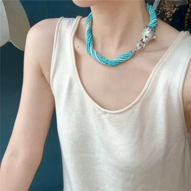 14 Layers Natural Freshwater Pearl Turquoise Multi-strand Choker Necklace
