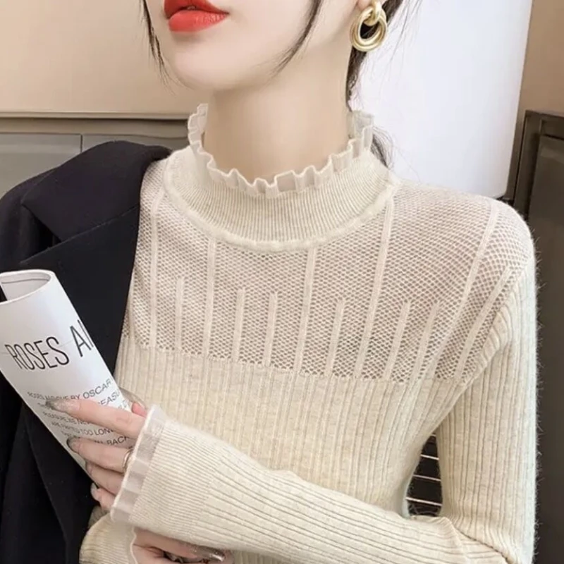 Outono/inverno pulôver de malha feminino suéteres moda manga longa meia gola alta renda blusas básicas