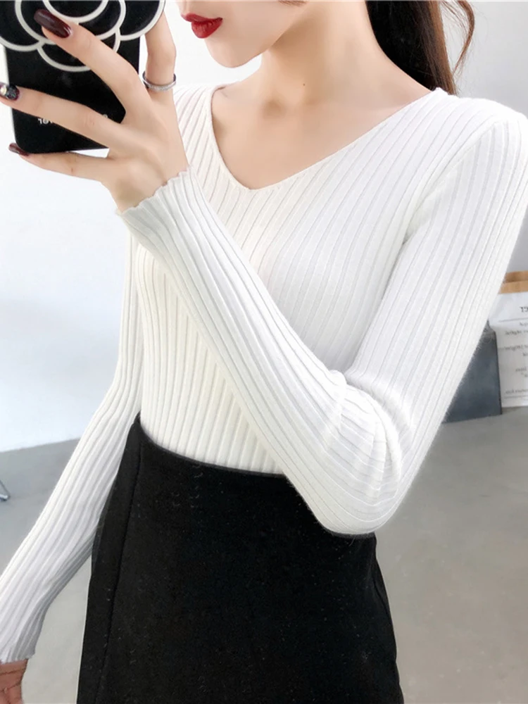 2024 V Neck Women Autumn Winter Sweaters Slim Knitted Pullovers Soft Warm Solid Jumper Female Sweater Casual Knitwear Jersey Top