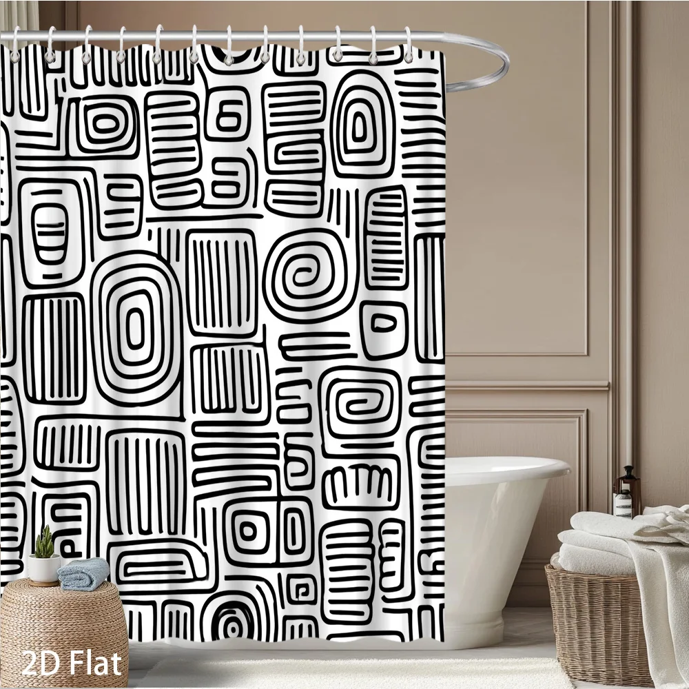 Abstract Black White Geometric Shower Curtain, Boho Line Art Print Waterproof Bathroom Decor, Modern Minimalist Home Bath Screen