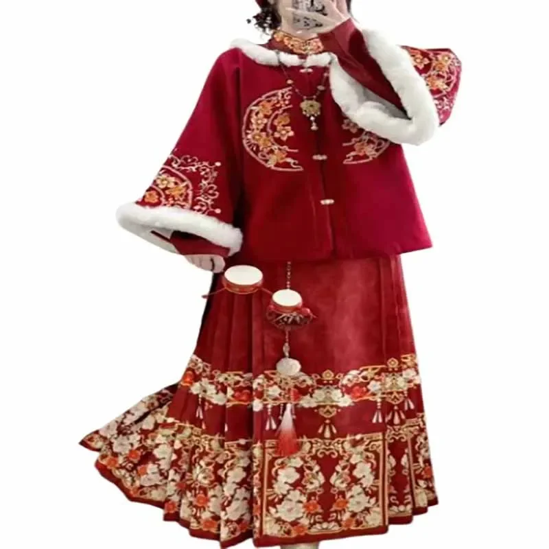 

Large Size 6XL Chinese Hanfu Dress Women New Year&Christmas Costume Winter Warm Embroidered Red Hanfu 3pcs Suits Plus Size 5XL