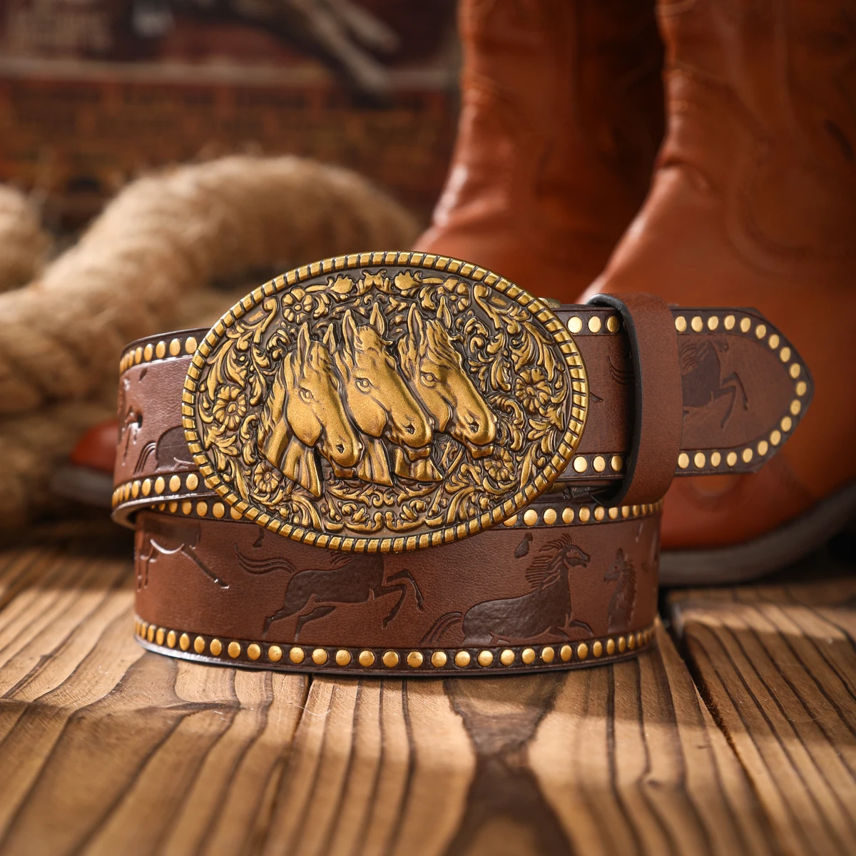 1 Piece Western Cowboy Style Belt, Suitable for Both Men and Women, with vintage Western Buckle and PU Embossed Design Belt