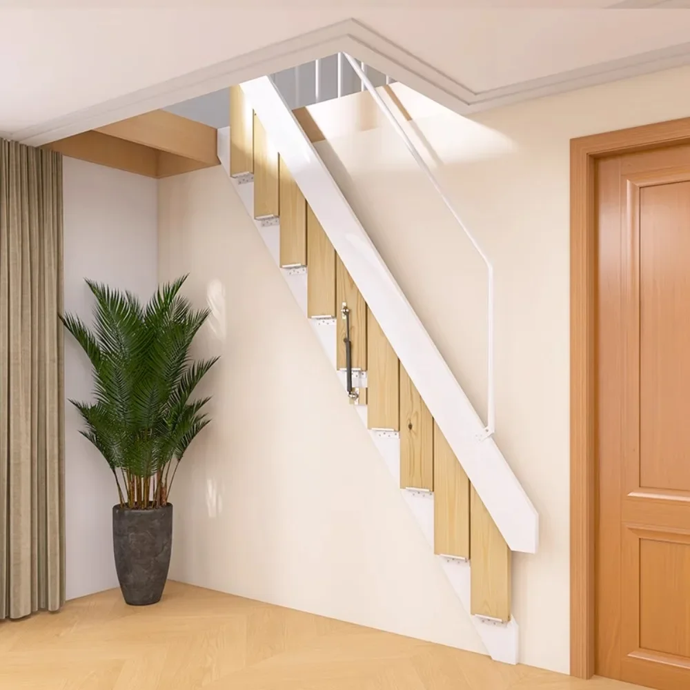 Integral loft solid wood folding stairs indoor invisible wall-mounted shrinkable wall-mounted telescopic ladder single apartment