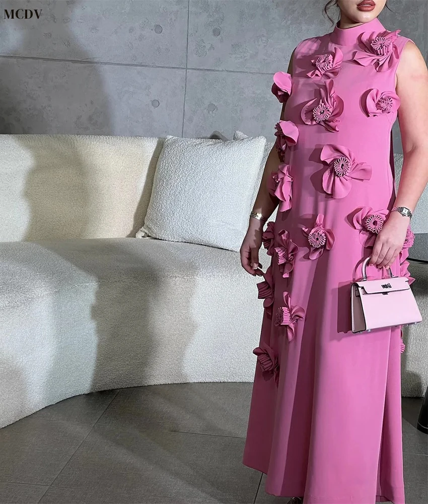 Personalizado temperamento jérsei a linha 3d flores vestido de noite sexy gola alta sem mangas tornozelo comprimento após vestido de festa