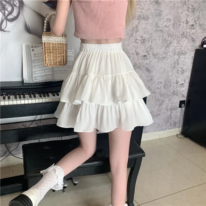 

Ruffled Cake Skirts for Women High-waisted A-line Solid All-match Sweet Lovely Girls Korean Style Gentle Spring Kawaii Casual