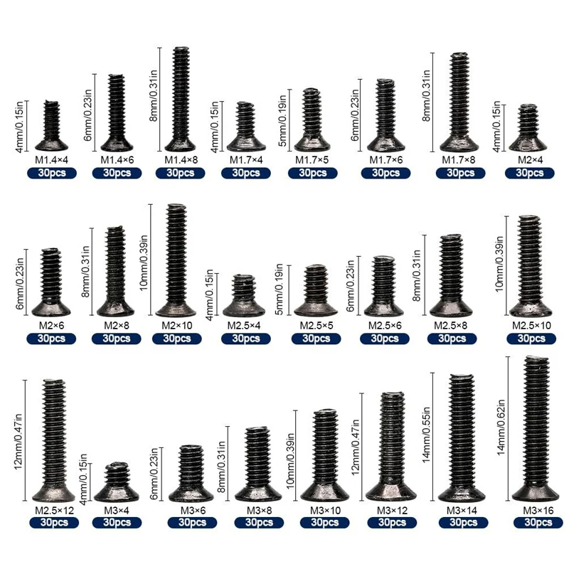 720Pcs Phillips Countersunk Flat Head Screw Set M1.4-M3 Carbon Steel Mini Screws Kit Computer Notebook Laptop Repair Parts