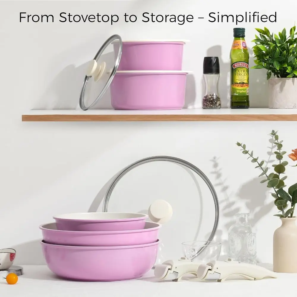 Pink Nonstick 15-Piece Detachable Handle Cookware Set, Oven Safe & Induction Compatible Kitchen Tools
