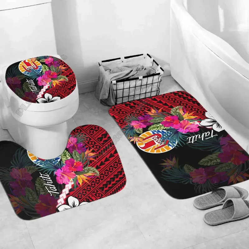 Tahiti bathroom set Polynesian with hibiscus 3D all over printed bathroom pedestal rug lid toilet cover bath mat set