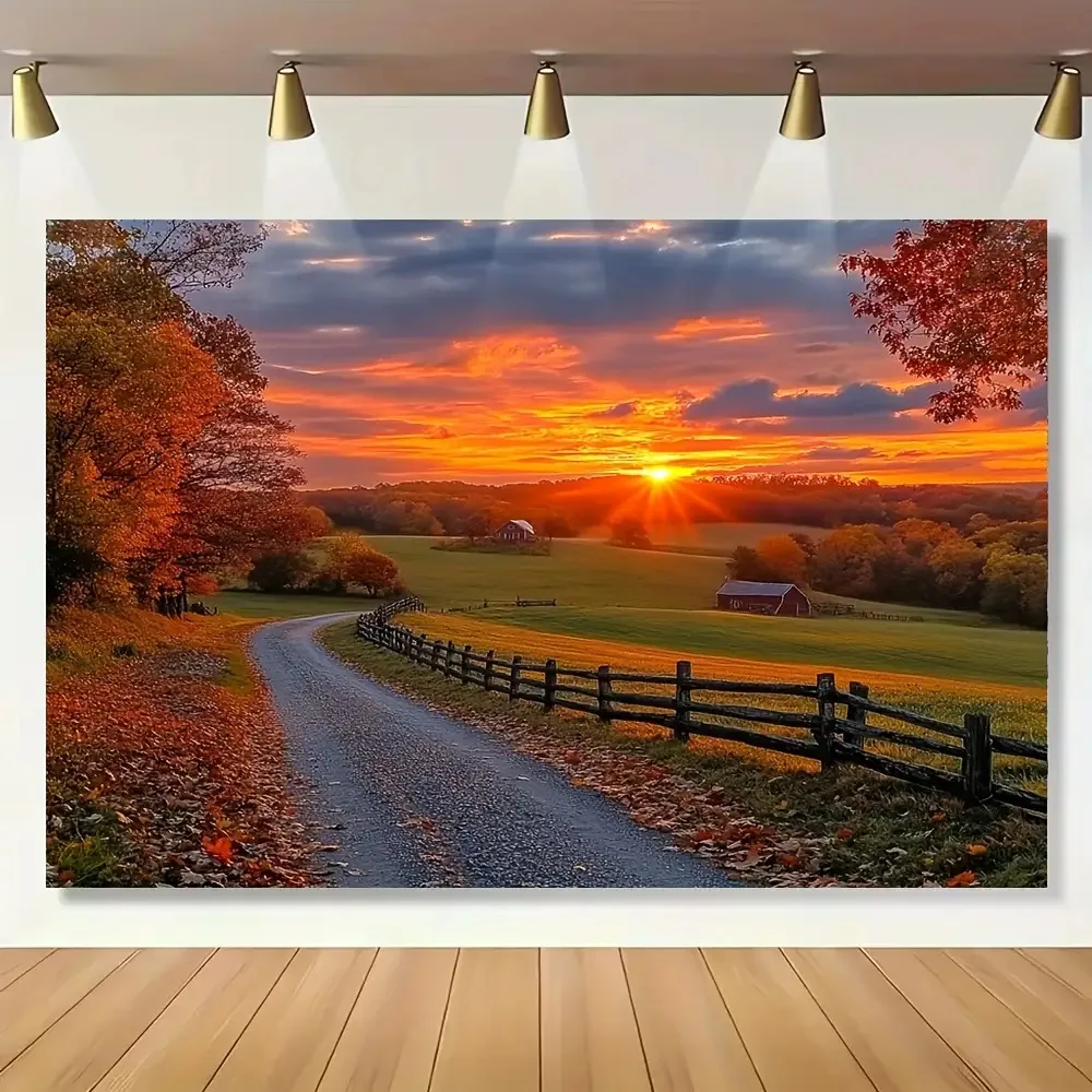 2D Flat, 1pc Large-Scale Autumn Sunset Banner - Realistic Fall Foliage & Country Road Landscape with Red-Orange/Yellow/Golden/Br