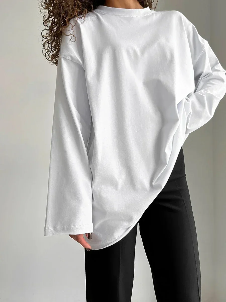

Women Autumn 100% Cotton T-shirt Bottoming Spring Basic Fashionable Solid Lady Long Sleeve Loose Tops Shirts
