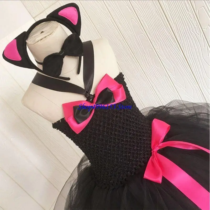 

Q0KE детский костюм для девочек, черный костюм для косплея кошки, комплект до колена, пышное платье-пачка из тюля, повязка на с
