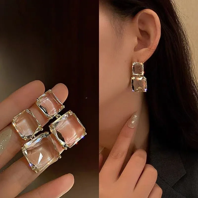 شفافة مربع الزجاج كريستال قلادة القرط للنساء بوهيميا العصرية هندسية استرخى أقراط خمر مجوهرات الزفاف هدية #1