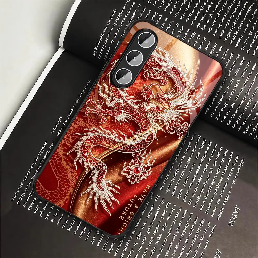 Red ornate dragon pattern Fashion Exquisite glass phone case for Samsung Galaxy S26 S25 S24 S23 S22 FE,Ultra,Plus Dropresistant