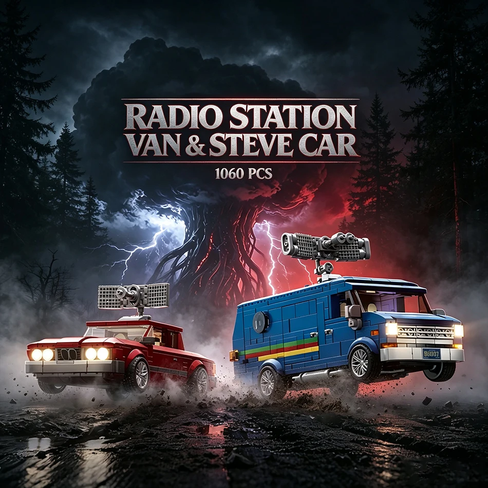 

1:32 Scale City Vintage 80s pop-up Radio Station GMC Van Model Building Blocks Set Strangered Steve Car Vehicle Bricks Toys Gift