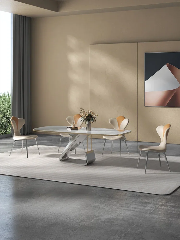 

Luxury bright slate dining table modern simple high-end online celebrity small household rectangular rice table chair combinatio