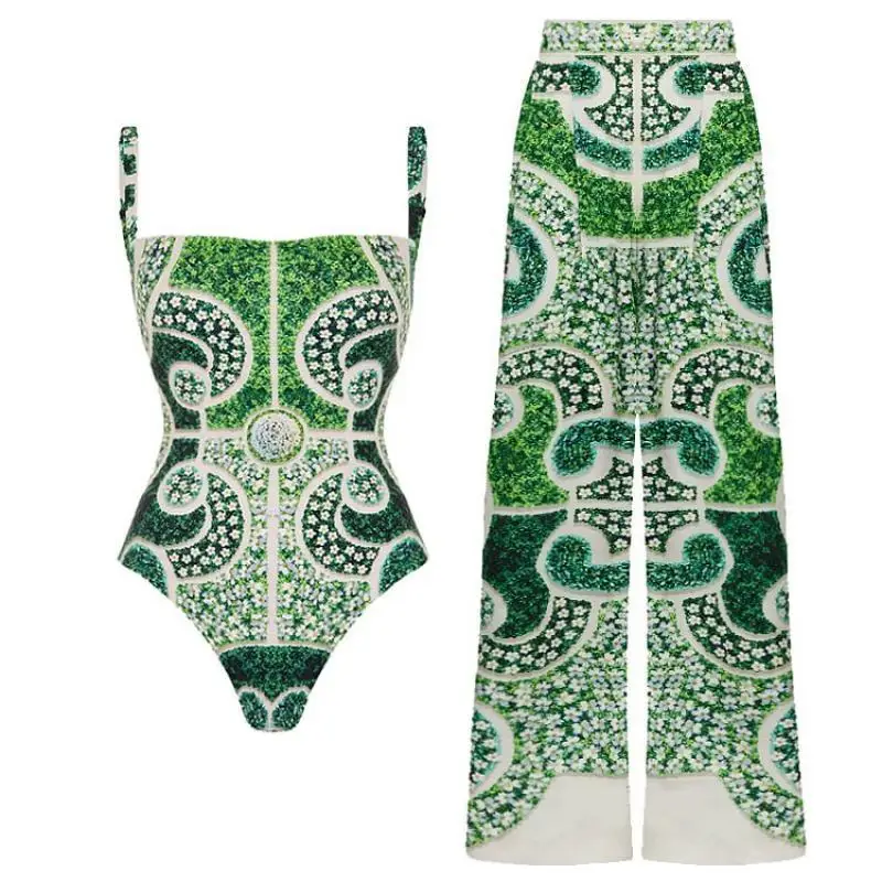 Flaxmaker 2024 Garden Printed One Piece Swimsuit and Sarong Women Summer Sexy Swimwear Sets Holiday Beachwear