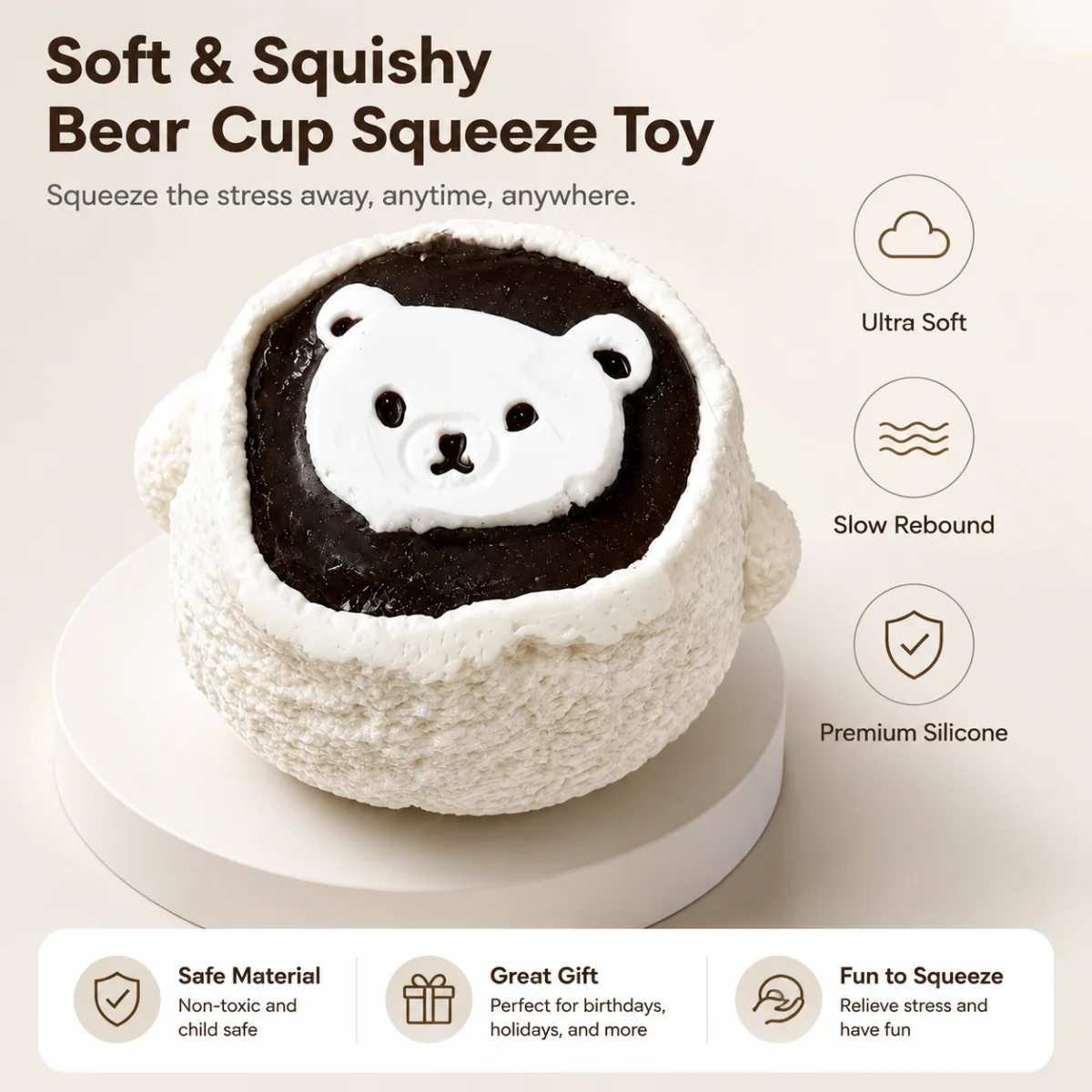 Cute Bear Face Cupcake Squishy Toy Food Grade Soft Slow Rebound Squeeze Toy Simulation Dessert Stress Relief Fidget Toy Gift For