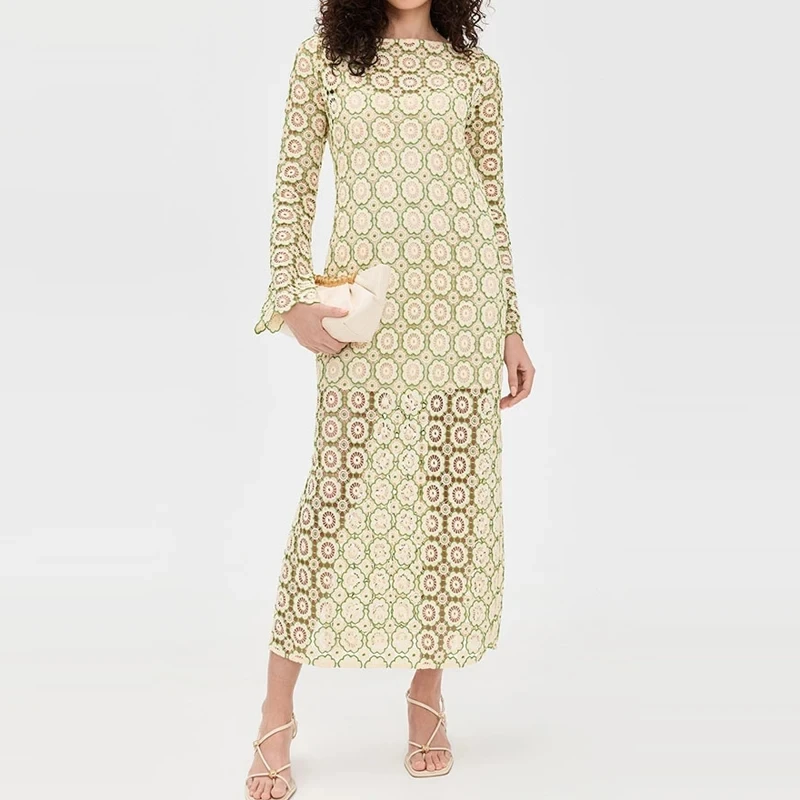 

Elegant High Waist See-through Evening Party Dress Spring Summer New Pattern Printed Robe Elegant Lady O-neck Loose A-line Dress