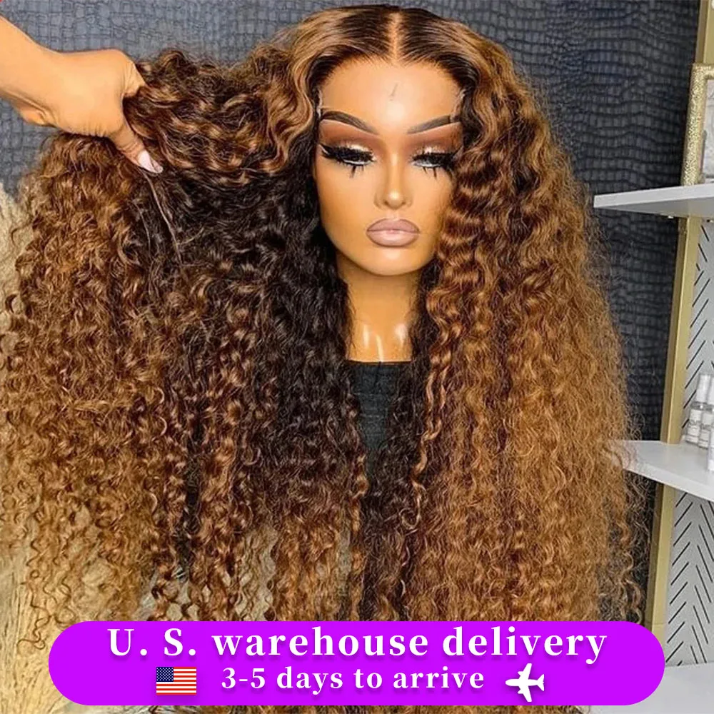 Perruque Lace Closure Wig Deep Wave naturelle ombrée, cheveux bouclés, pre-plucked, naissance des cheveux, sans colle, pre-plucked, balayage, prêt à porter, 13x6, 4/27