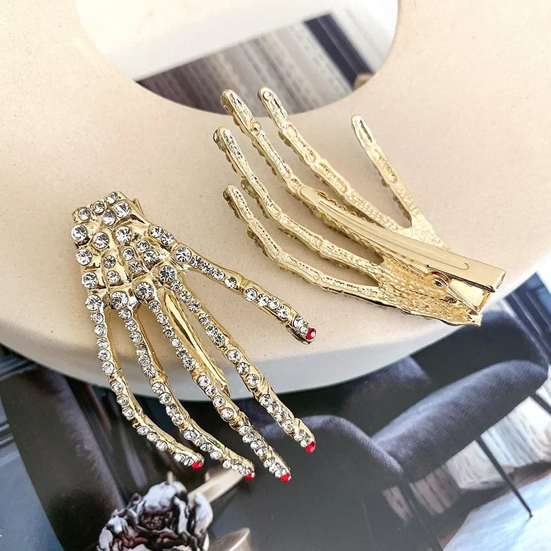 1 Pack Crystal Girl Easter Rhinestone Punk Skull Hand Hairpin Women Halloween Party Hairpin Hairpin Headgear Accessories