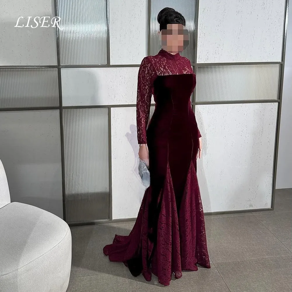 Liser Luxury Lace Patchwork Evening Gown Burgundy High Collar Long Sleeves Semi-Mermaid Saudi Formal Event Dresses Customized