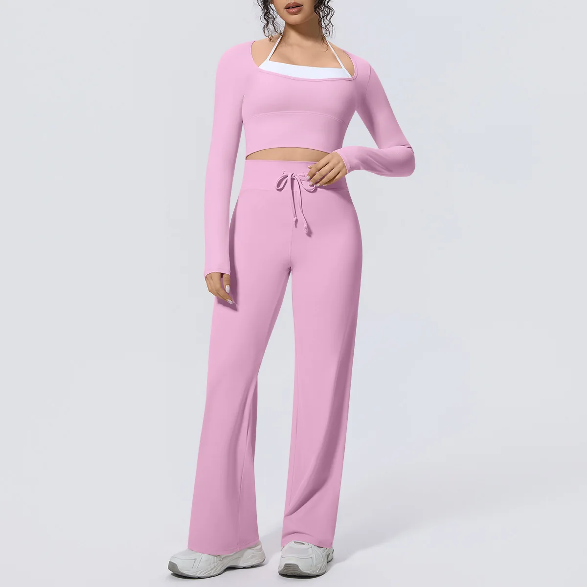 Women 2Pcs Yoga Set Square Neck Long Sleeve Crop Top Drawstring Wide Leg Trousers Fitness Running Workout Gym Athletic Outfit
