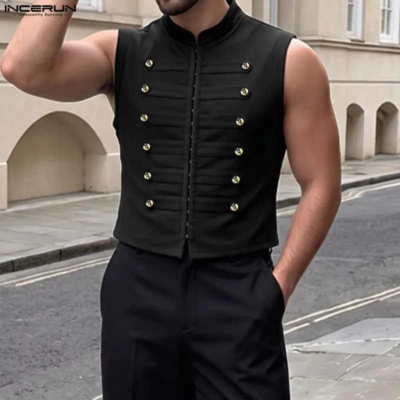 INCERUN Herren Tanktops Einfarbig Doppelreihig Ärmellose Männerwesten Streetwear Stehkragen Modische Herrenbekleidung Oberteile 2026