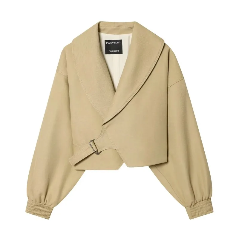 SMVP Women Lapel Wrap Cropped Jacket Long Puff Sleeve Elastic Cuff Buckle Detail Irregular Hem Short Outerwear Casual Daily Coat