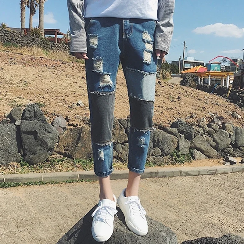 

Men's Jeans Skinny Man Cowboy Pants Ripped Trousers Cropped Broken Spliced Torn Tight Pipe with Holes Slim Fit Korean Fashion Xs