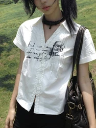 Karrram Y2k Aesthetics Pleated Shirt Grunge Gothic Skull Print White Shirts Trashy 2000s Style V-neck Blouses Japanese Harajuku